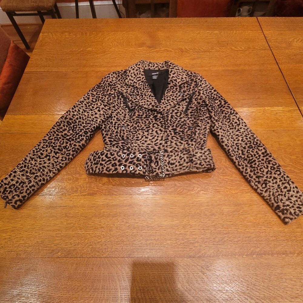 VTG Arden B Womens M Leopard Print Belted Zip Crop Moto Jacket Thick Y2K 90s
